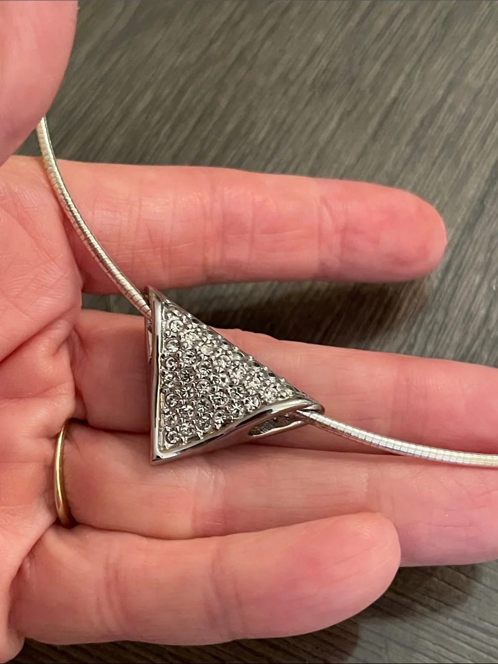 Vintage Silver-tone Wire Necklace with Pave Rhinestone Triangle Pendant - Slide